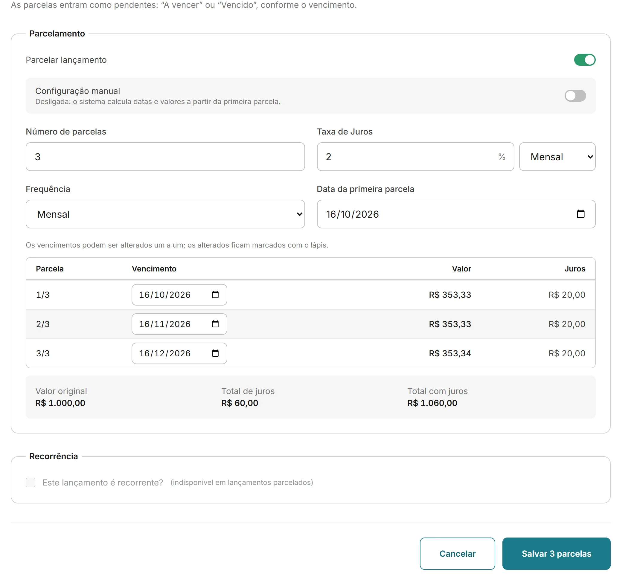 Parcelamento no FIDUS: 3 parcelas de R$ 353,33 com R$ 60,00 de juros